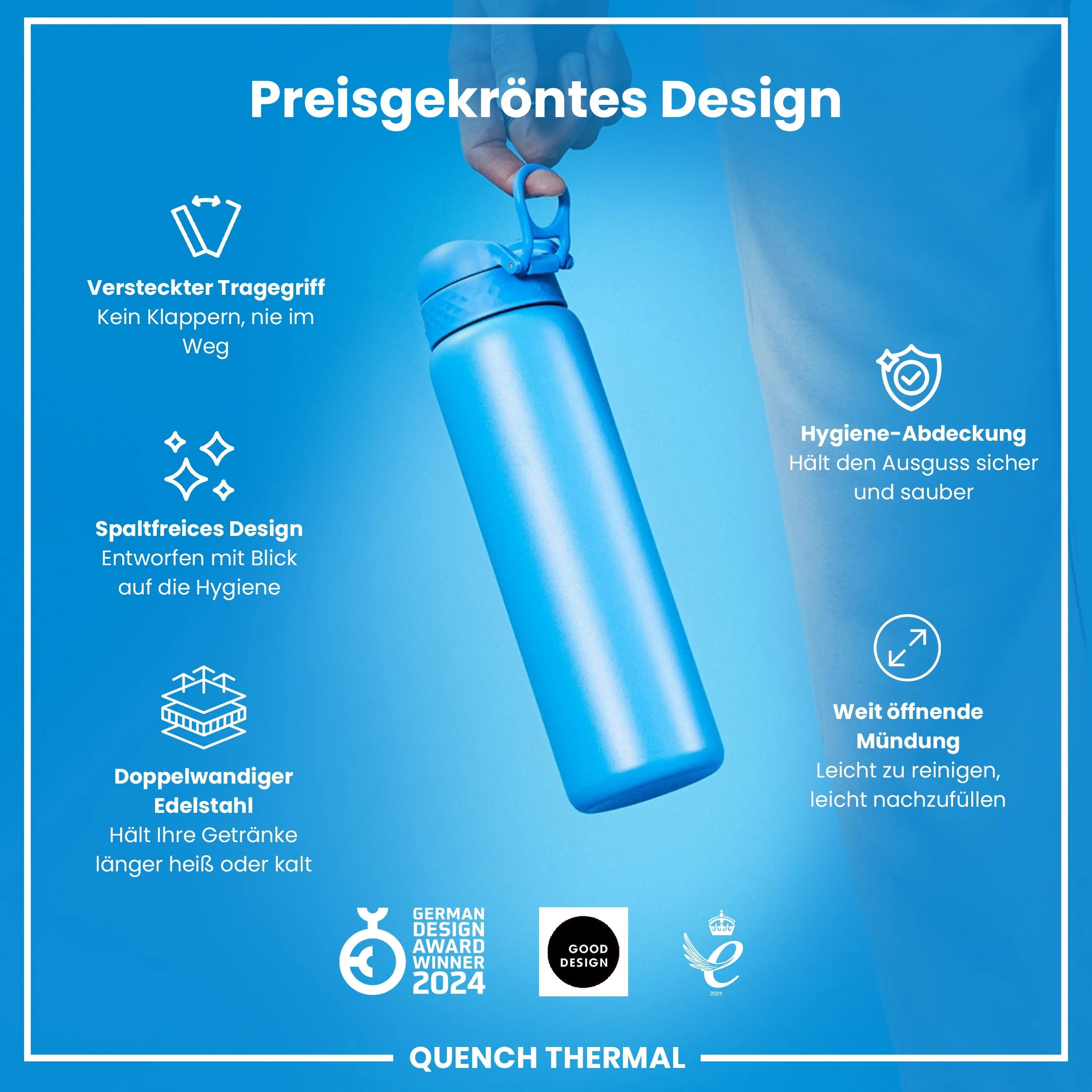 Isolierte Edelstahl-Trinkflasche, Blau, 1 L - Image 6