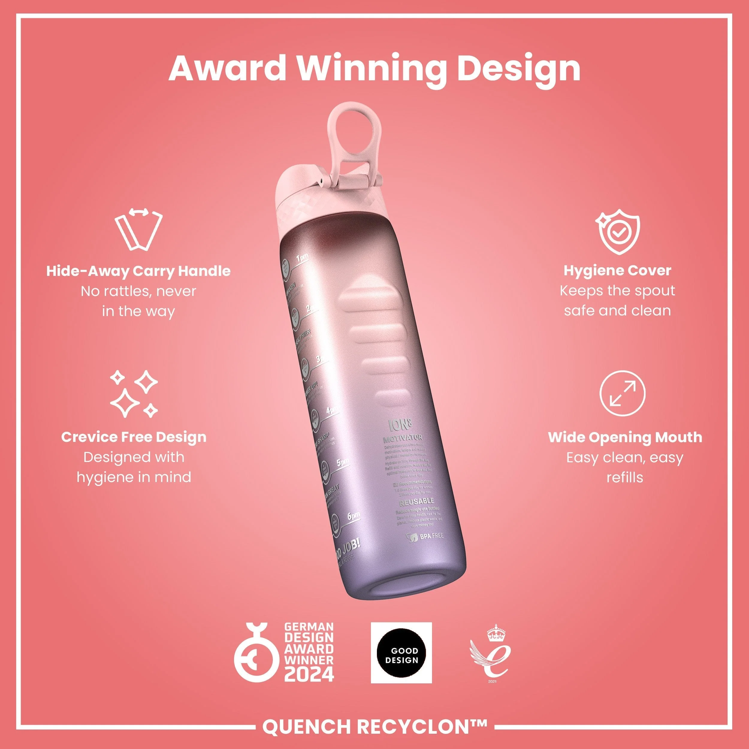 Recyclon-Trinkflasche mit Trinkzeiten, Lila & Rosa, 1 L - Image 6